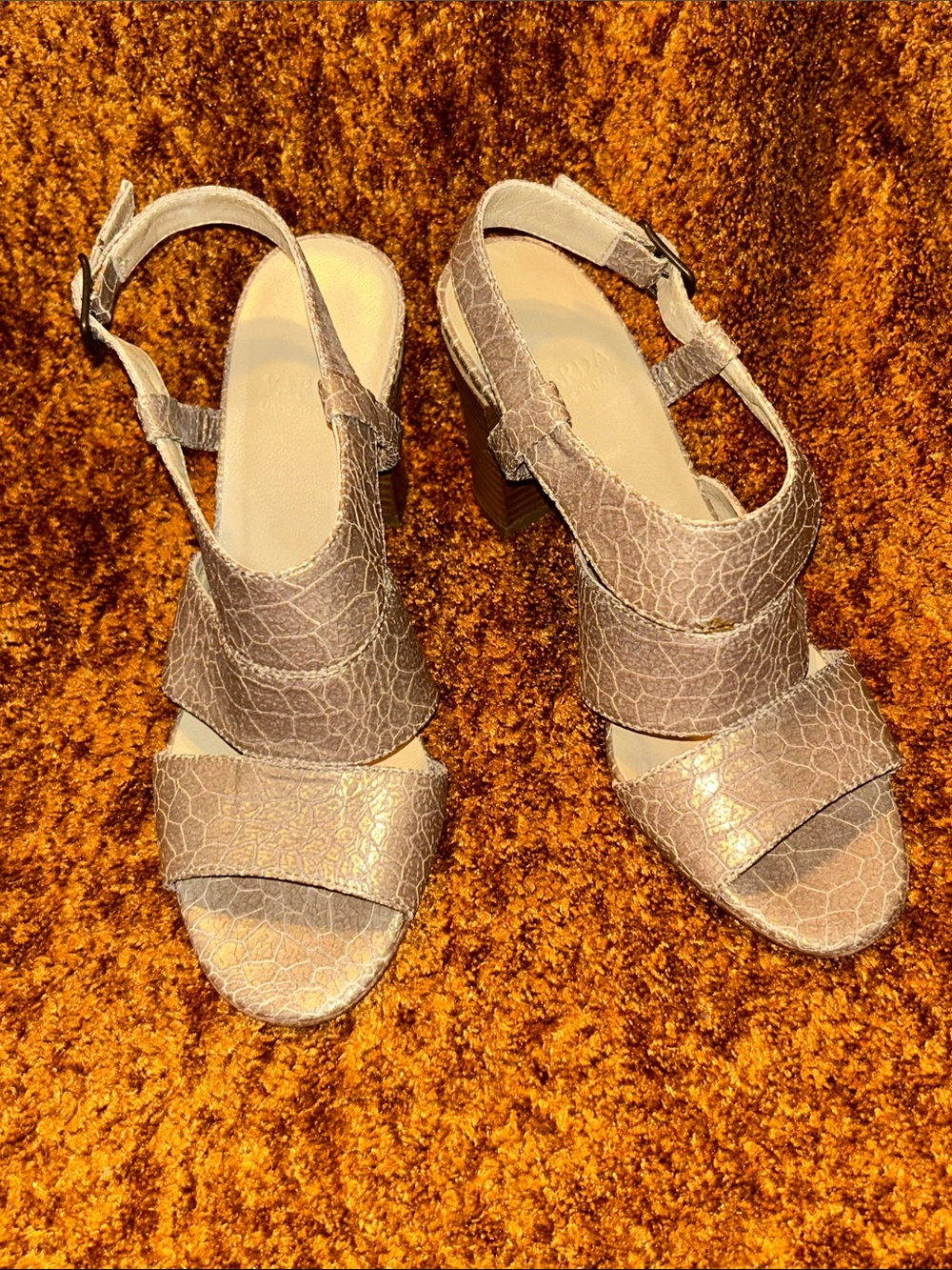 Metallic Taupe Block Heel Slingback Sandals